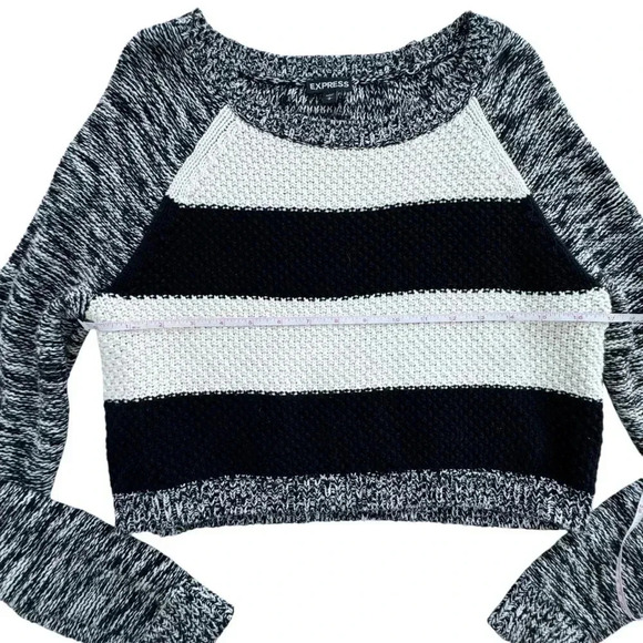 Express Cropped Striped Black and White Melange Sweater Small Long Sleeves - Picture 7 of 9